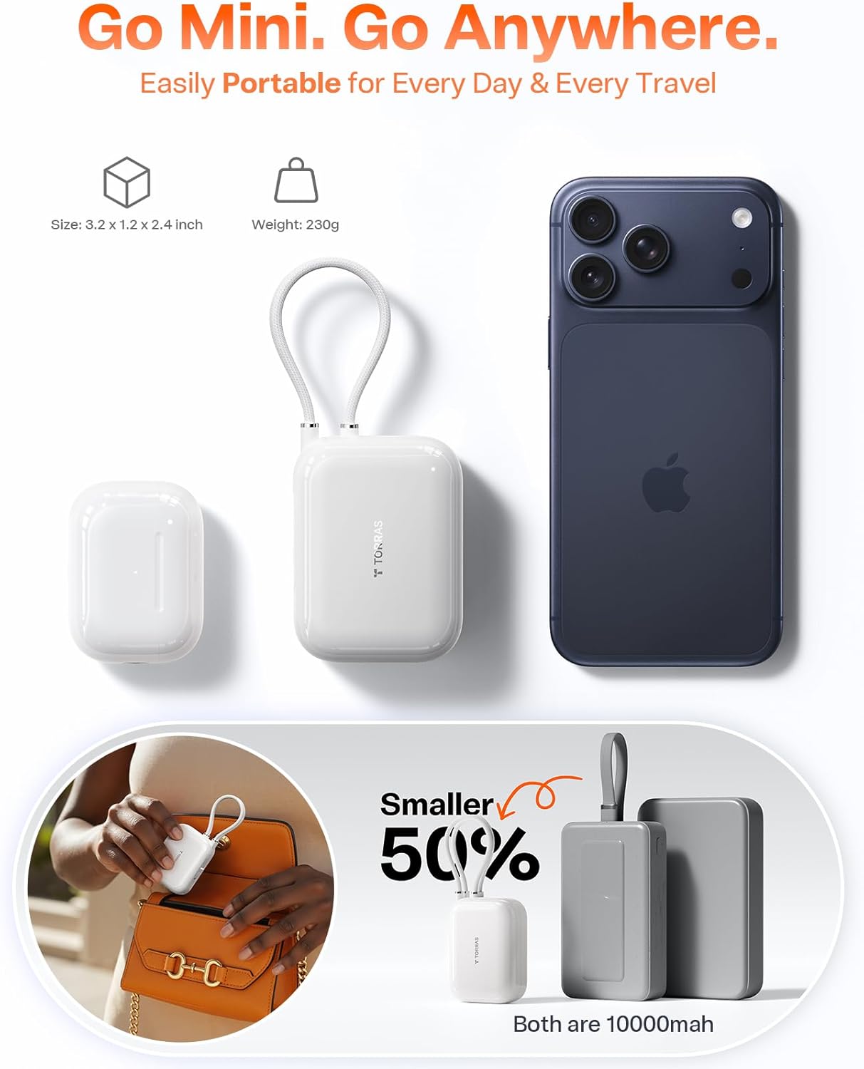 TORRAS EasyGo for iPhone 17 Portable Charger 10000mAh, 45W Ultra-Ice Fast Charging USB-C Power Bank with Dual Built-in Cables, Battery Pack Compatible with iPhone 17/16/15 Pro, Samsung S26 S26+ Ultra