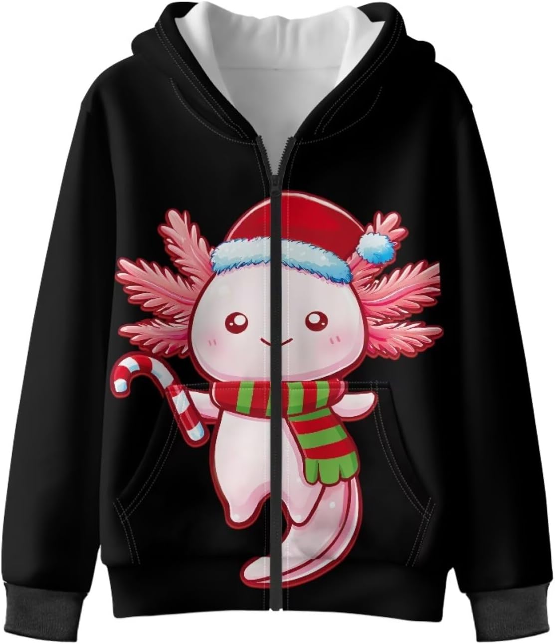 Cartoon Axolotl Girls Hooded Sweatshirt Casual Full Zip Hoodies Soft Plush Athletic Jacket Sportswear