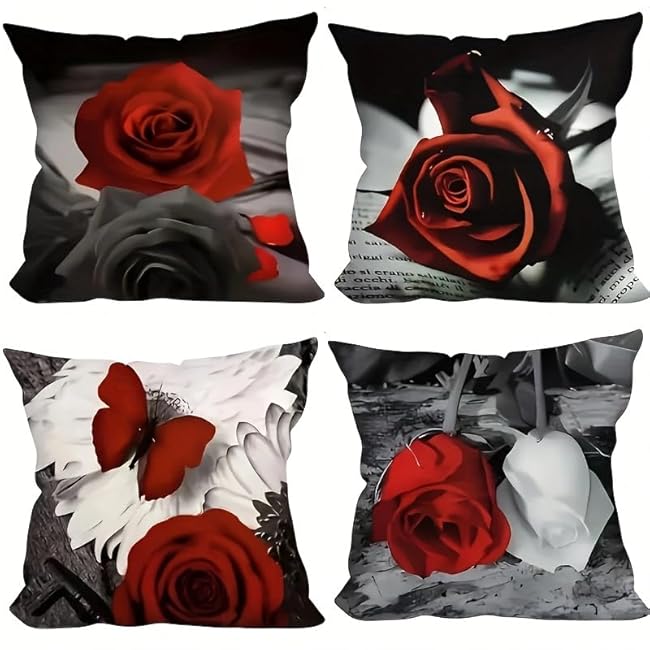 4pcs Romantic Red Rose Decorative Throw Pillow Case - Perfect for Valentine's Day, Home, Bedroom, Living Room More!Single-sidedPrinting Without Insert, Short Plush Material£¬Pillow Covers 18x18