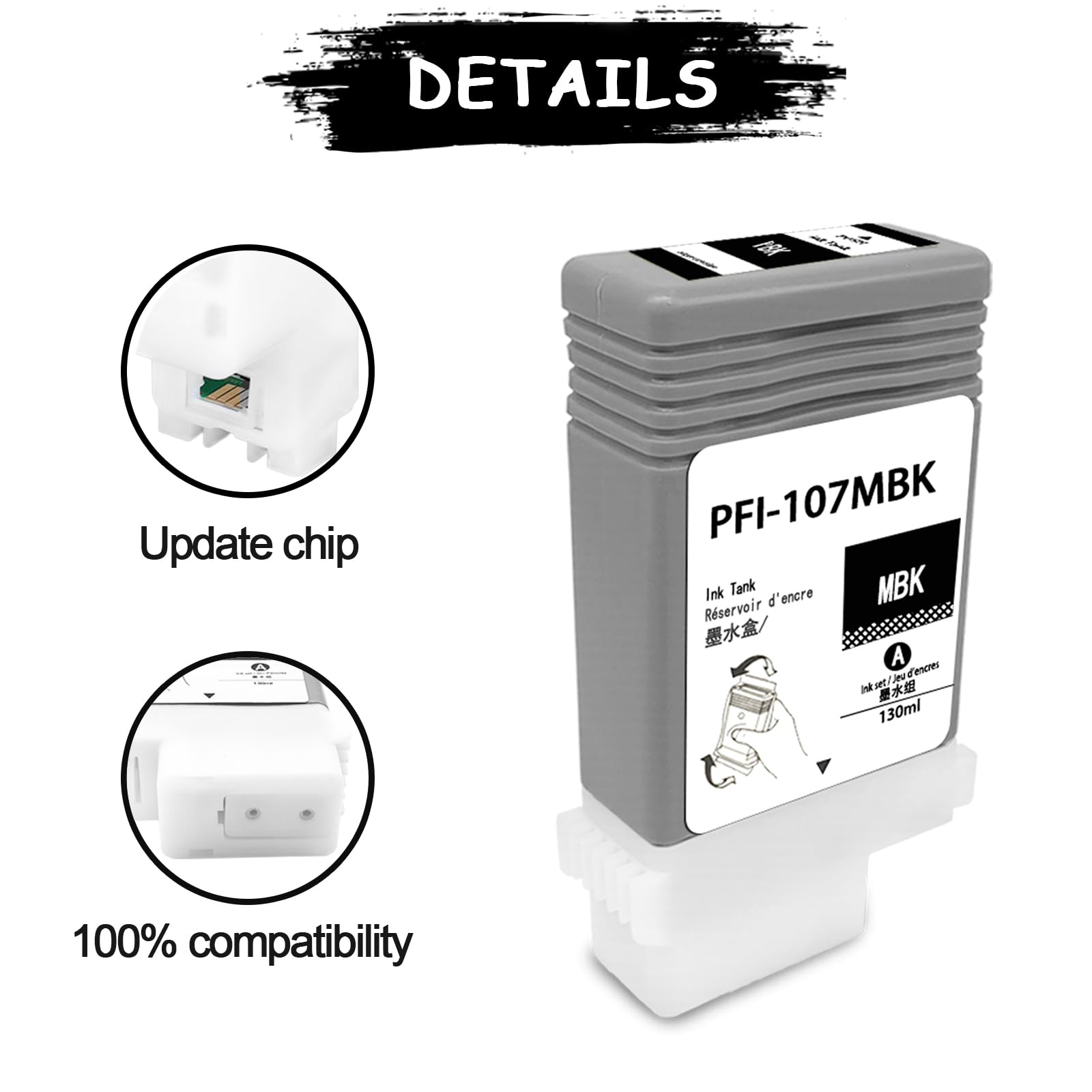 PFI-107 PFI107 Cartuccia d'inchiostro rigenerata per Cartucce Canon PFI-107MBK Pigment 6705B001 Sostituzione per Canon ImagePROGRAF iPF670 iPF680 iPF685 iPF770 iPF780 iPF78 (Nero opaco