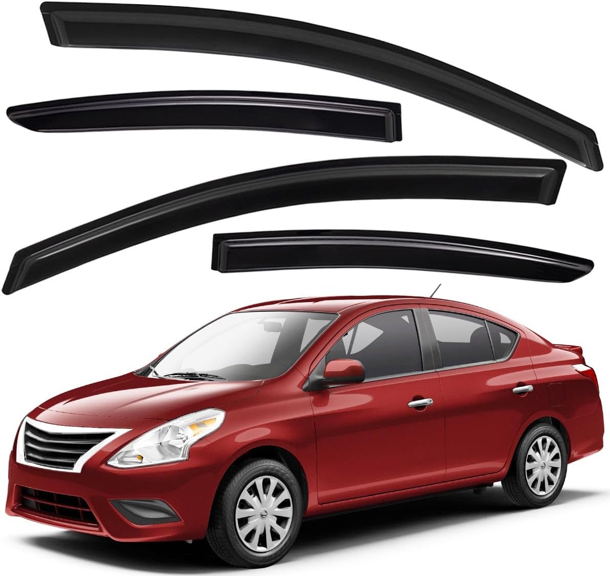 Lightronic Extra Durable Outside-Mount Auto Vent Window Visor, Fit 2012-2019 Nissan Versa Sedan (EXCLUDES Hatchback), UV Protection Rain Guard, Original Wind Deflector, No-Drilling, Dark Smoke, 4Pcs