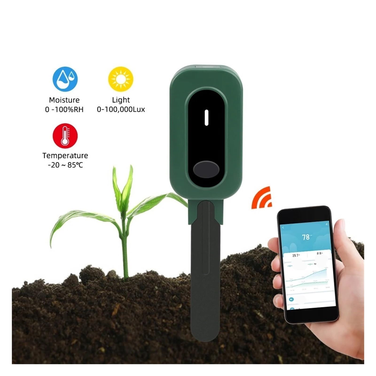 Medidor de humedad del suelo, Medidor de suelo, luz solar, temperatura y humedad, sensor de suelo inteligente, monitor inalámbrico for plantar y jardinería. Para jardinería y agricultura