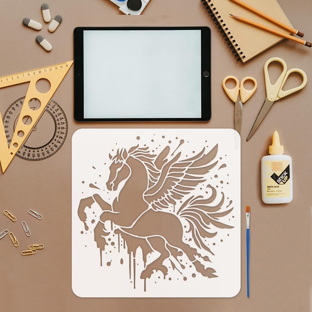 FINGERINSPIRE 4 PCS Graffiti Animals Stencils with Brush 11.8x11.8 inch Pegasus Lions Turtles Bird of Prey Pattern Stencil Water Splashes Decor Stencil Animal Theme Template for Adults Painting
