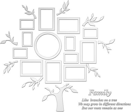 SUPERDANT Calcomanías de pared de árbol genealógico, marcos de fotos, calcomanías artísticas plateadas 3D para decoración de pared con ramas y