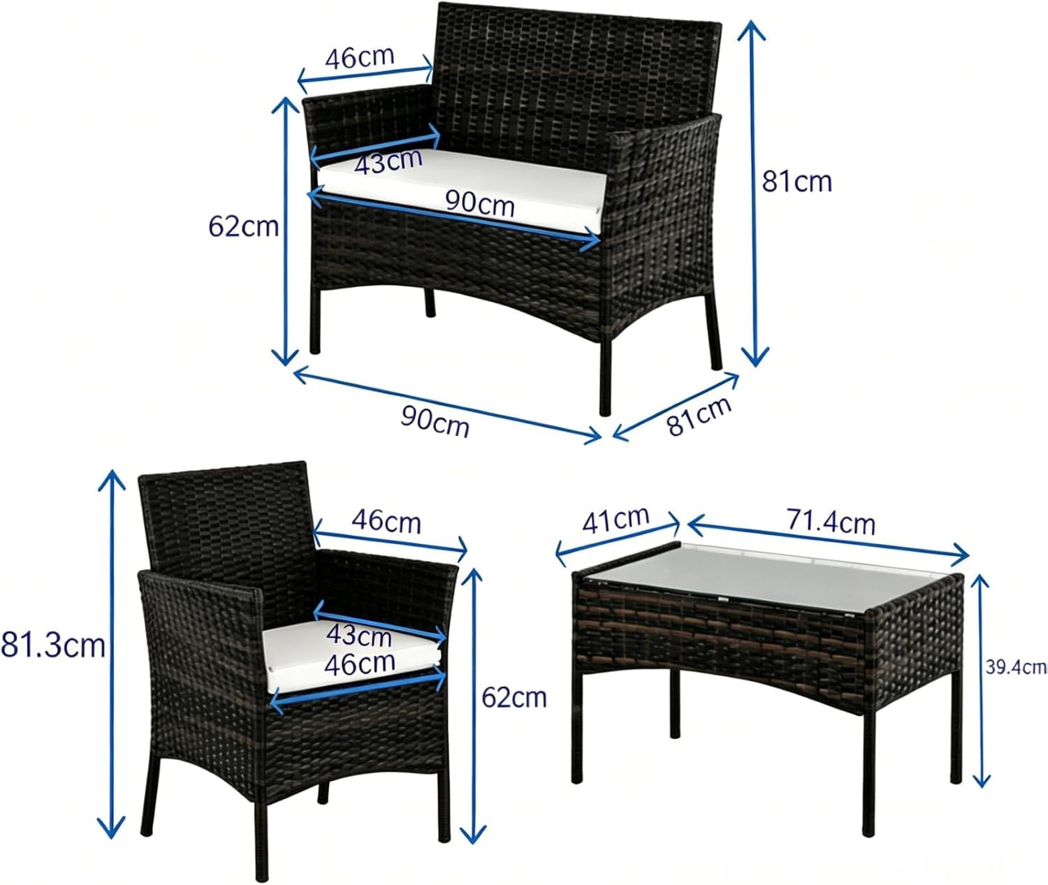 Salon de Jardin Exterieur en Résine ressée - 2 canapés Simples, 1 canapé Double et 1 Table Basse, Coussins Inclus, Salon de Jardin pour Amenagement Balcon Terrasse Veranda (Noir)
