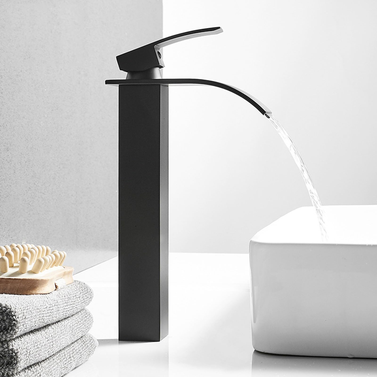 Grifo Lavabo en Cascada Lavabo para Encimera de Baño Caño Alto Y Fino En Cascada 1 Orificio Negro Grifo de Lavabo para Baño