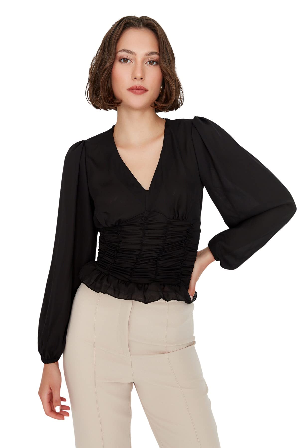 Trendyol Woman Regular Standard V Neck Woven Blouse, Black, 38