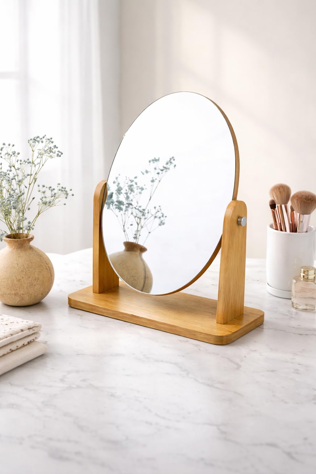 Makeup Table Mirror - Desk Mirrors 360 Adjustable Rotation,Wood Framed Small Standing Mirror for Bedroom,Tabletop,Office,Antique,Countertop - (21 Cm x 16 Cm x 8.5 Cm)-image-5
