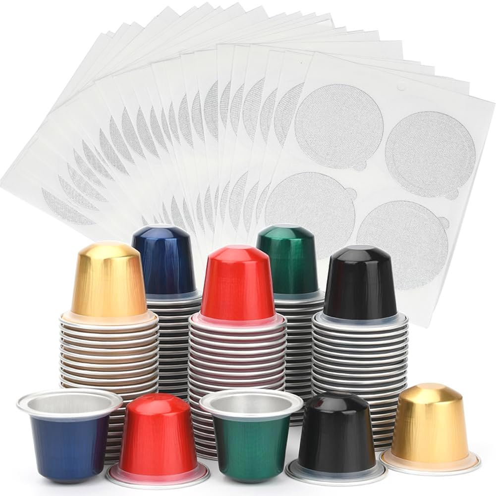CTRLZS Coffee Pods Fillable Empty Aluminum Foil Capsules Make Own Espresso Coffee Cups Filters(100 Pods+ 100 Lids) Compatible