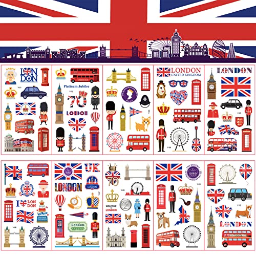 10 Sheet Union Jack Flag Tattoos for VJ Day 80th Anniversary Decorations Coronation Temporary Tattoos Stickers Fake Tattoo UK Stickers for Adult Kids Stick on Tattoos Union Jack Party Supplies