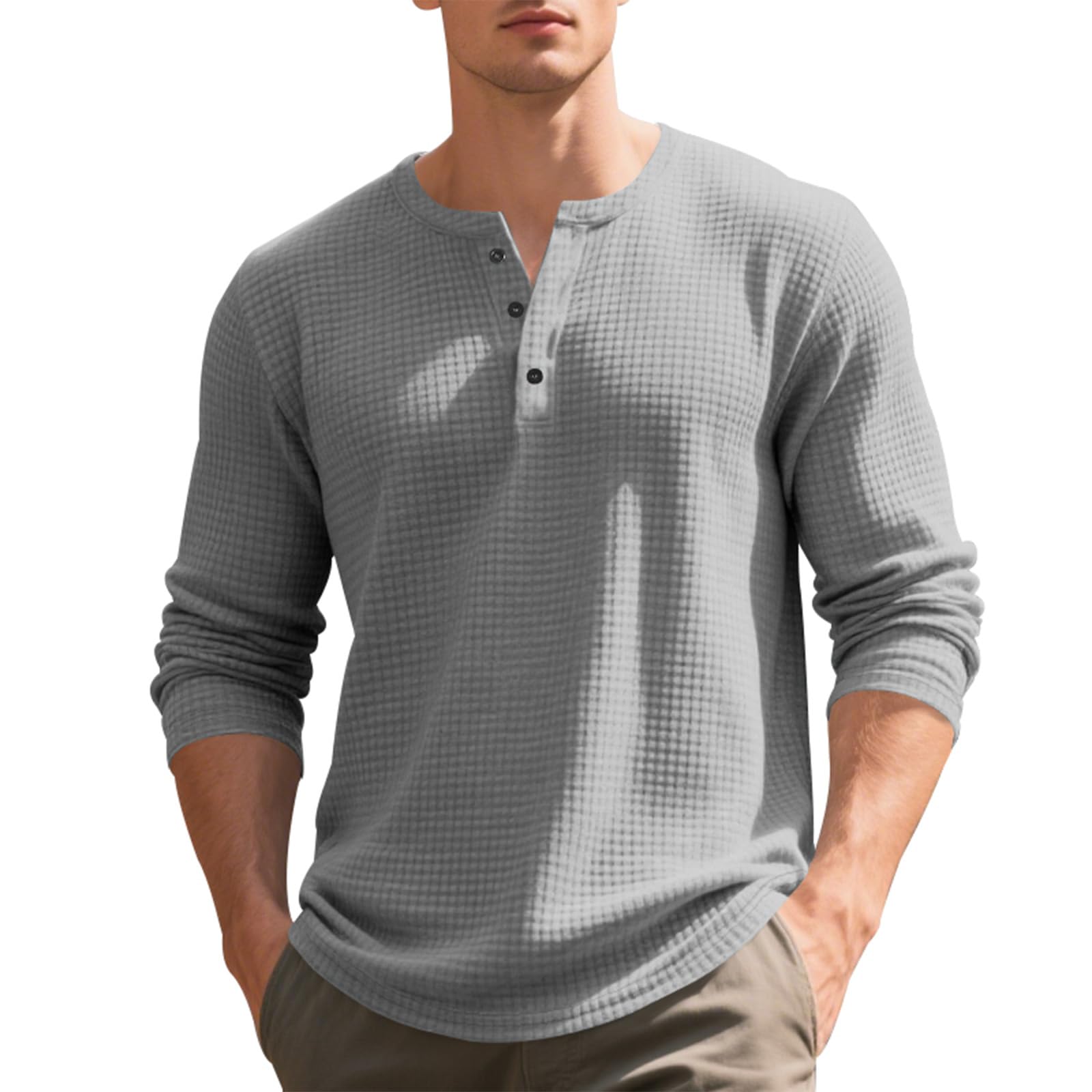 Mens Henley Shirts Button Summer Beach Waffle Trendy Long Sleeve V Neck Lapel Collar Loose Fit Pullover Casual Tops
