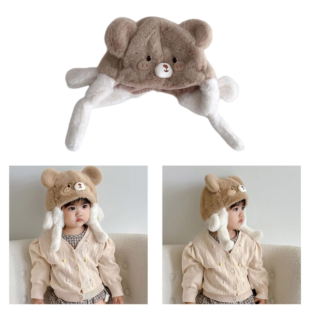 Cartoon Animal Hat Plush Baby Earflap Hat Comfortable & Soft Warm Bonnet Caps Fashion Headwear for 2 to 6 Years White