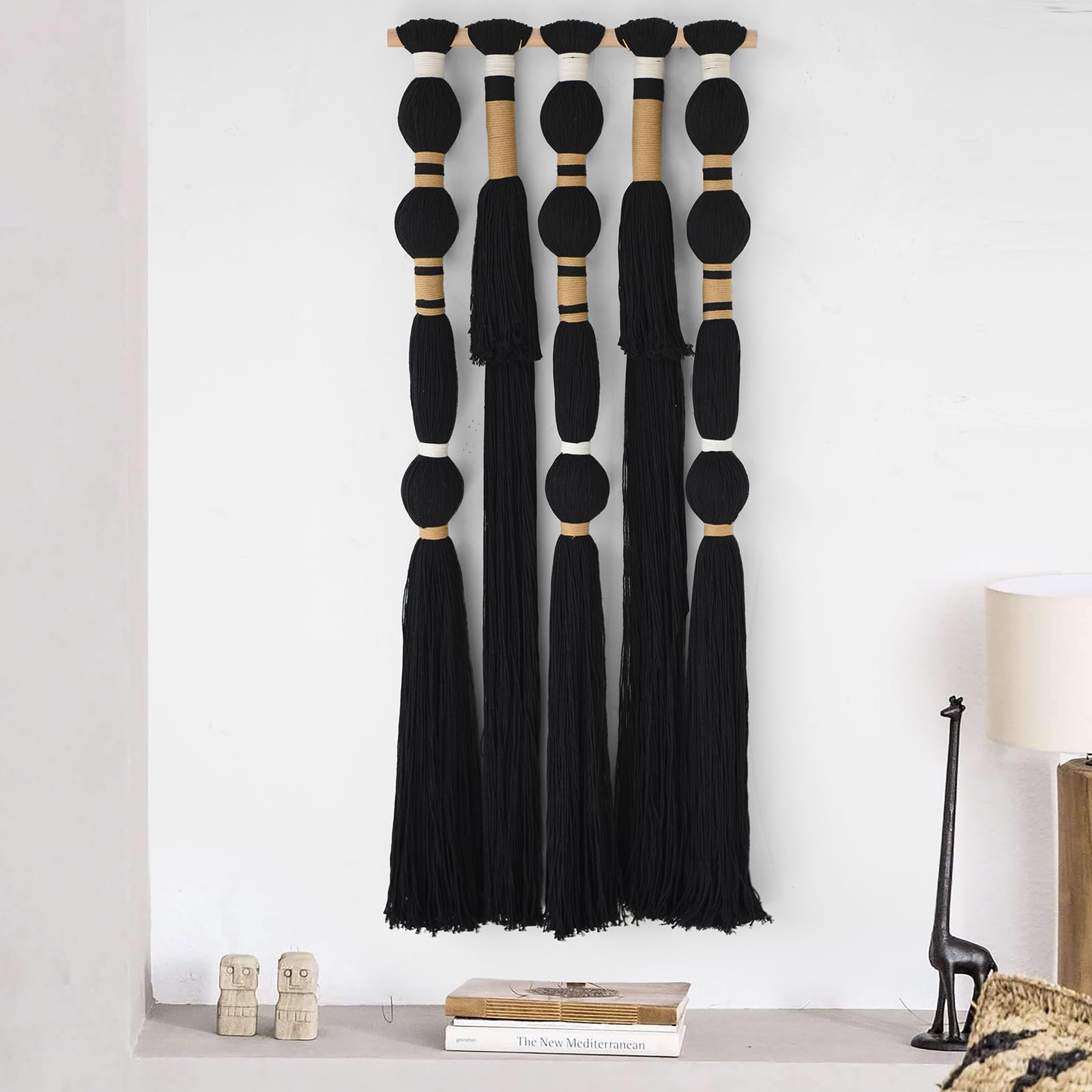 Flber Makramee-Wandbehang, schwarz, kugelförmig, Baumwollquasten, Textil, geometrisches Garn, Wandkunst für Schlaf- und Wohnzimmer, 40 cm B x 99 cm L