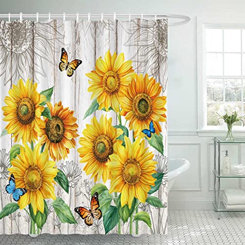 Cyrekud 72" X 72" Sunflower Shower Curtain Farmhouse Country Floral Bathroom Set Countryside Rustic Wooden Vintage Plank Yellow Floral Bath Bathtub Decor Durable Fabric Machine Washable With 12 Hooks #TOP1