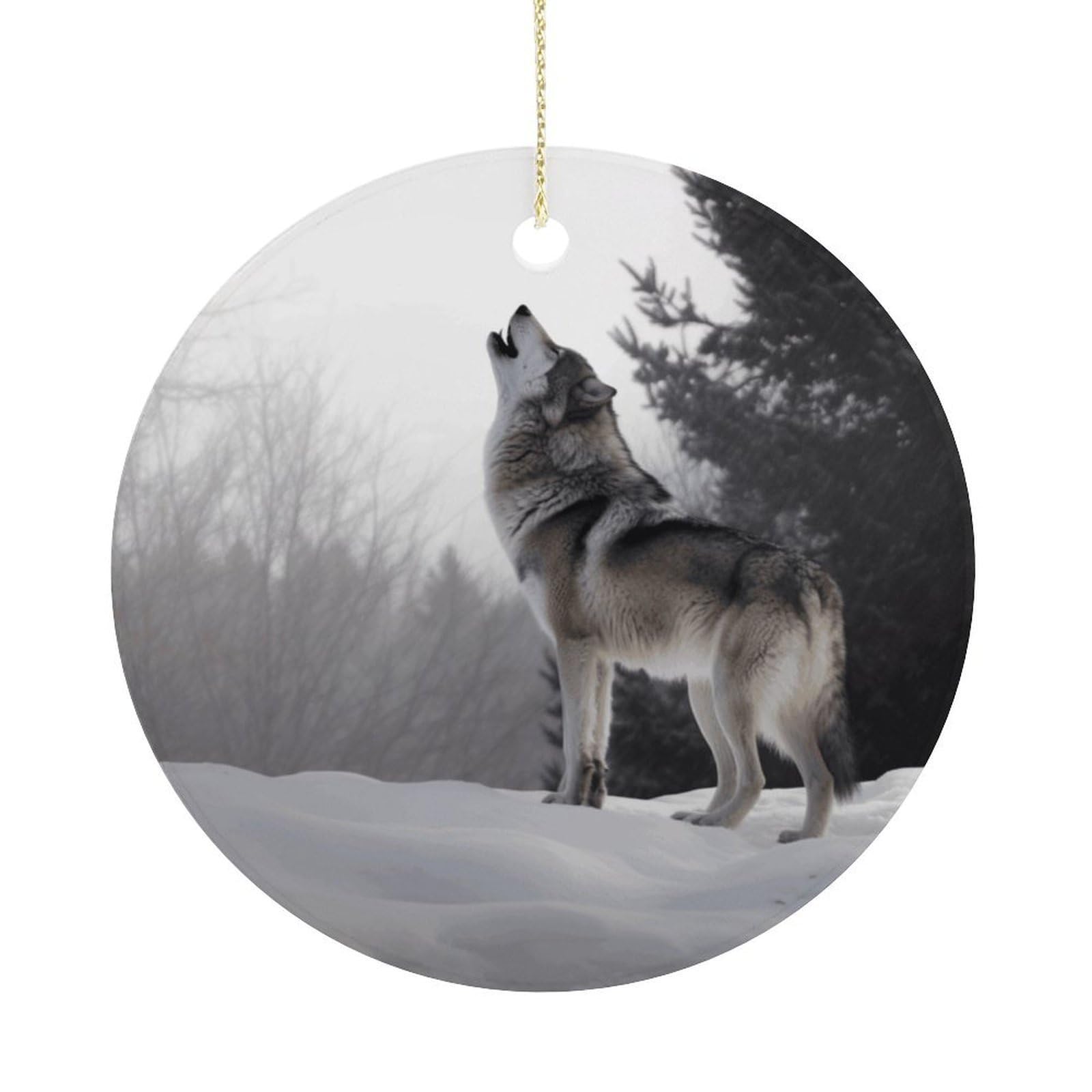 Howling Wolf Christmas Ornaments Colorful Round Ceramic Ornament Christmas Hanging Decor Christmas Tree Decorations Xmas Keepsake for Women Men Xmas Holiday Party