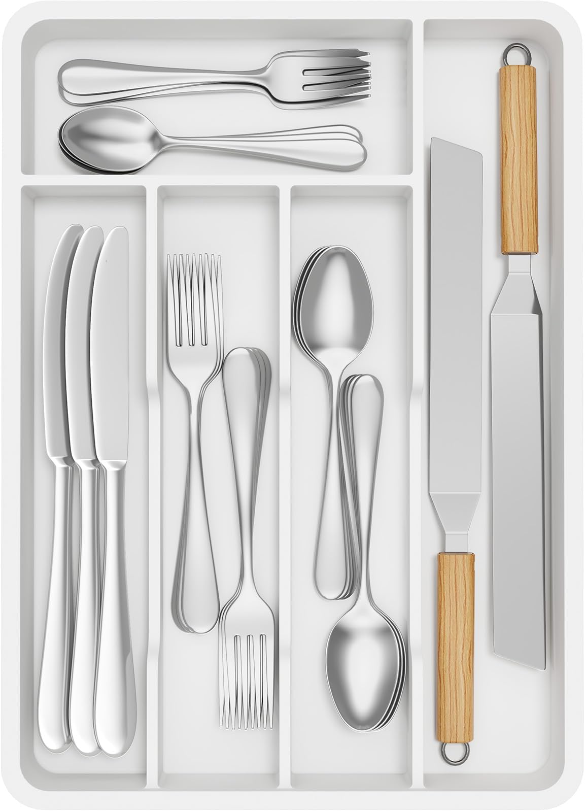 Lifewit Cutlery Drawer Organiser, Plastic Cutlery Tray for Kitchen, Utensil Flatware Silverware Holder Divider for Spoons Forks Knives Tableware, 5 Compartments, 24 x 34cm, White