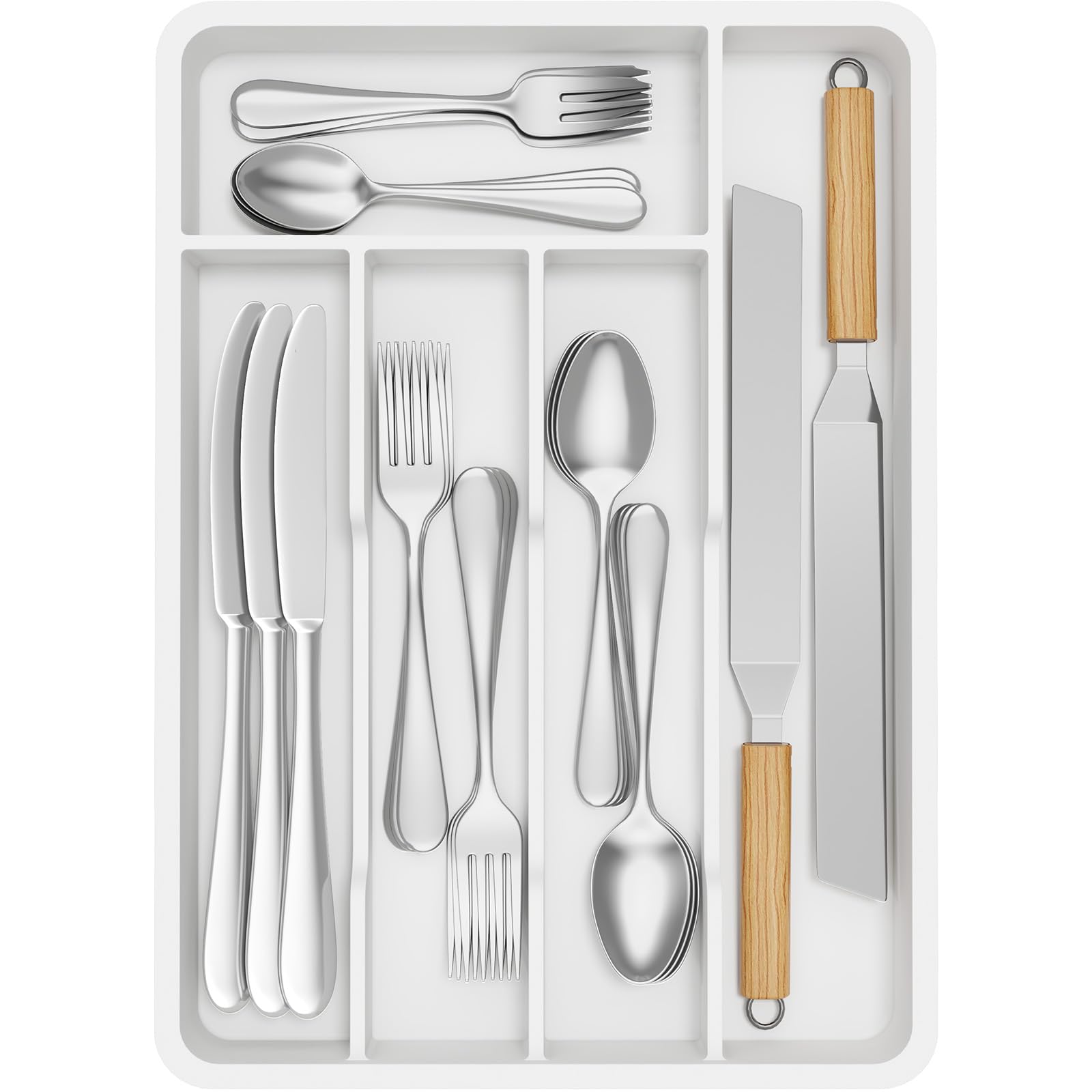 LifewitSmall Cutlery Tray, 34x24cm Cutlery Drawer Organiser Utensil Holder for Kitchen Storage Spoon Fork Knives,5 Compartments,WhiteRecycled Claim Standard 100