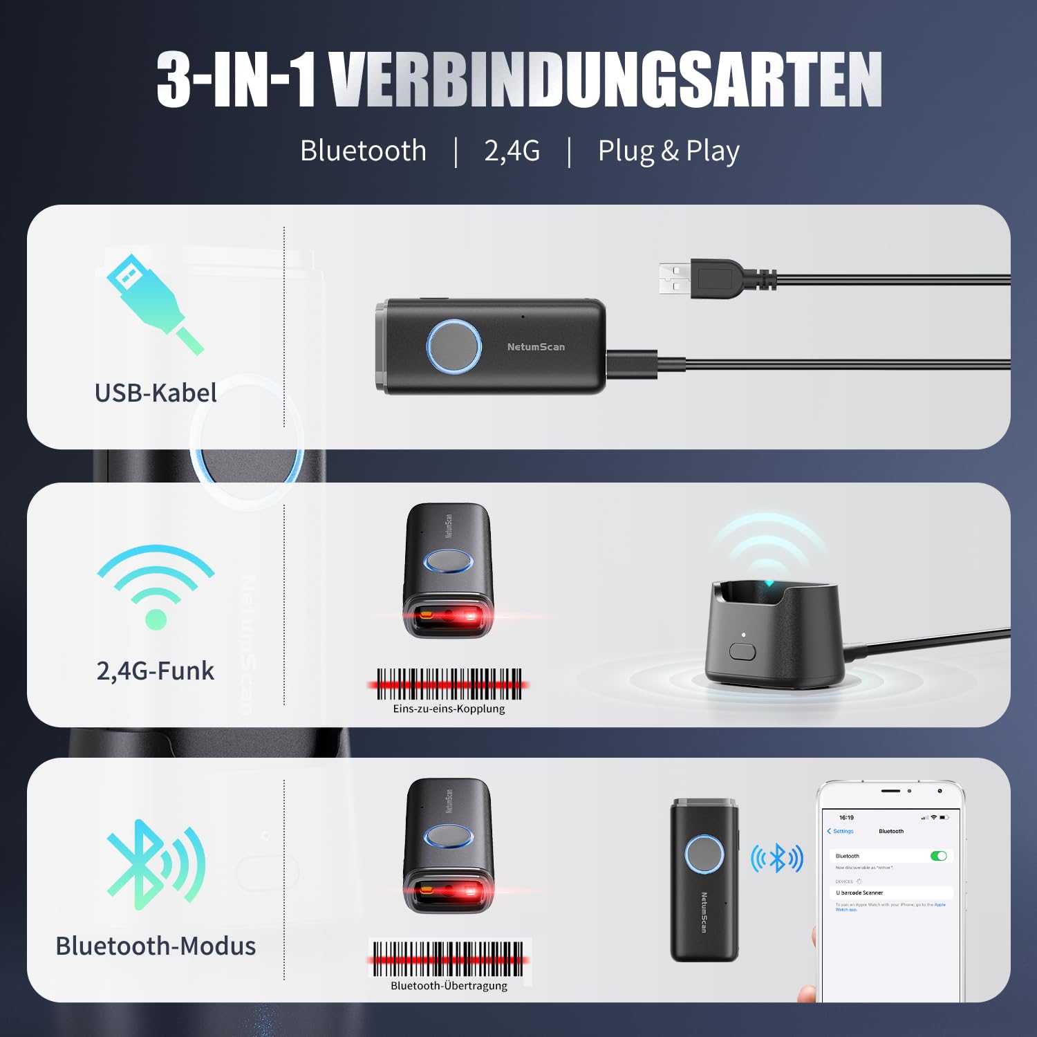 NetumScan Bluetooth-1D/2D/QR Tragbar Barcodescanner mit Ladestation U820 Scannt Data Matrix/EAN, kompatibel mit Windows/Mac/Android/iOS, für Lager, Logistik, Industrie & Einzelhandel