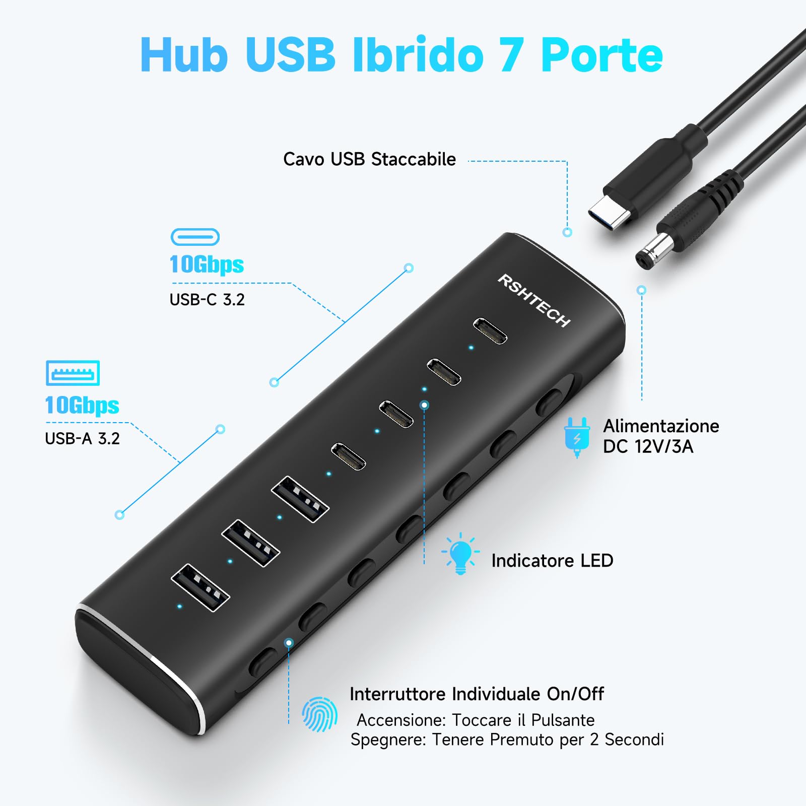 RSHTECH Hub USB C Alimentato, 7 Porte USB Hub 10Gbps con 4 Porte USB-C 3.2 e 3 Porte USB-A 3.2, Cavo da 3.3ft e Alimentatore 36W (12V/3A), USB 3.2 Hub in Alluminio per Laptop, RSH-H7C4