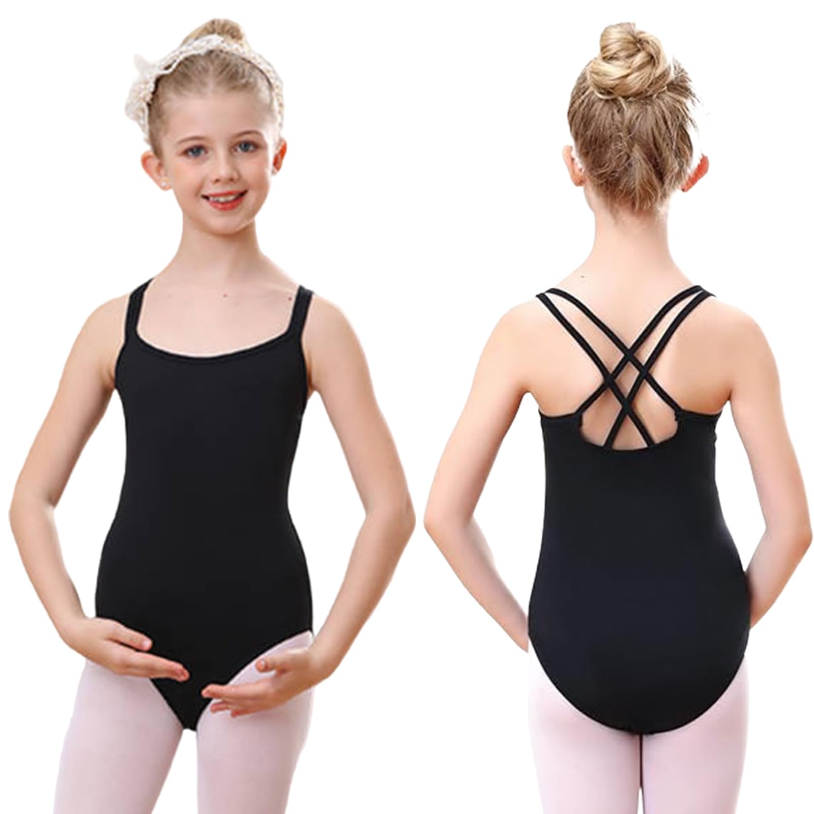 Fresilkora Black Leotard for Girls, Black Ballet Leotard for Dance Gymnastics, Cross Back Camisole Leotard, Dancewear Dance Undergarment for Girl Kids (Girls, Black, 130)