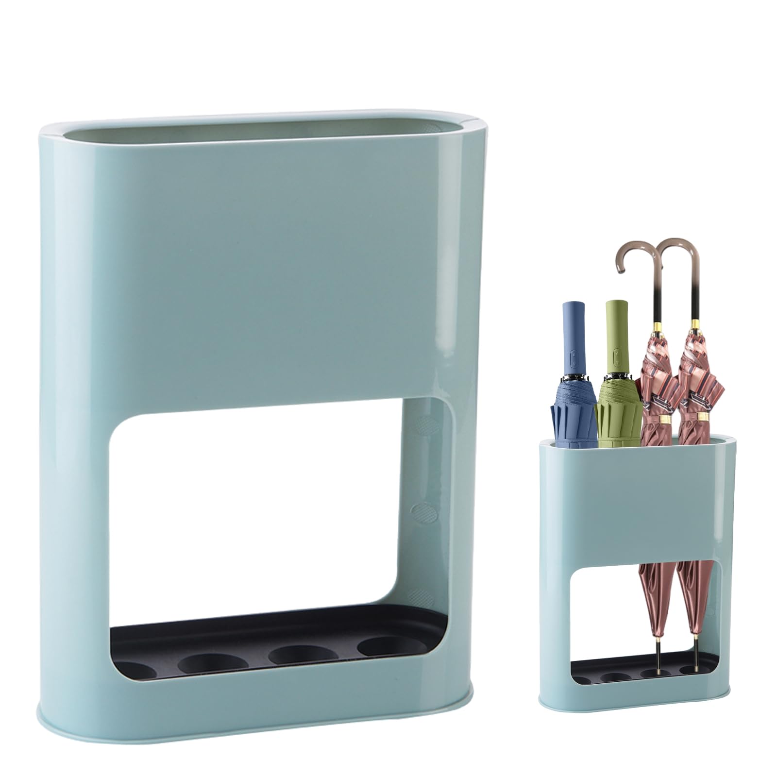 Portaombrelli in Plastica Blu con Vassoio Antigoccia Rimovibile - Design Minimalista, Capacità 4 Ombrelli (Piccoli/Grandi), Dimensioni 28x22x9 cm - Ideale per Casa/Ufficio.