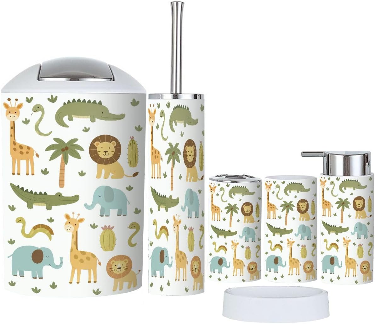 Bathroom Accessories Set 6 Pcs Safari Animals Cute Hippo Crocodile Lion Toothbrush Holder Cup Soap Dispenser Soap Dish Toilet Brush Holder Trash Can for Countertop Decor