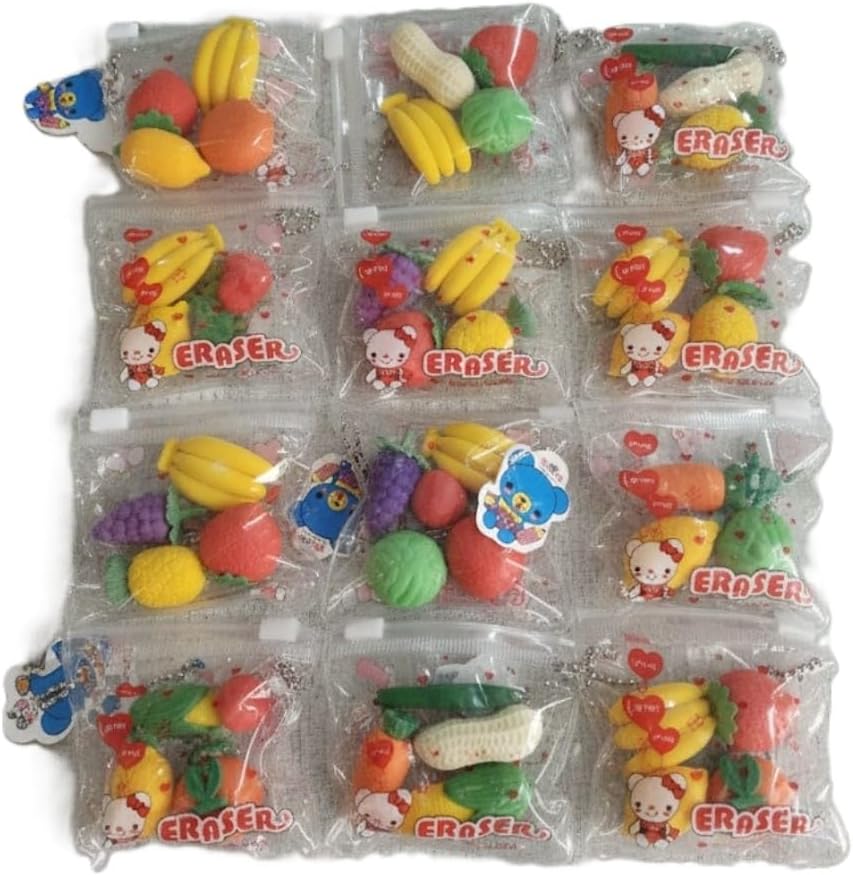 Fruit and Vegetable Shaped Erasers with Keychain, Colorful Novelty Erasers for Kids, Cute School Supplies, Gifts & Stationery Pack of 12