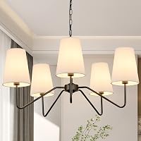 5-Light 30" Modern Black Chandelier with White Shades | Height Adjustable E12 Pendant Light for Dining Room, Living Room, Bedroom