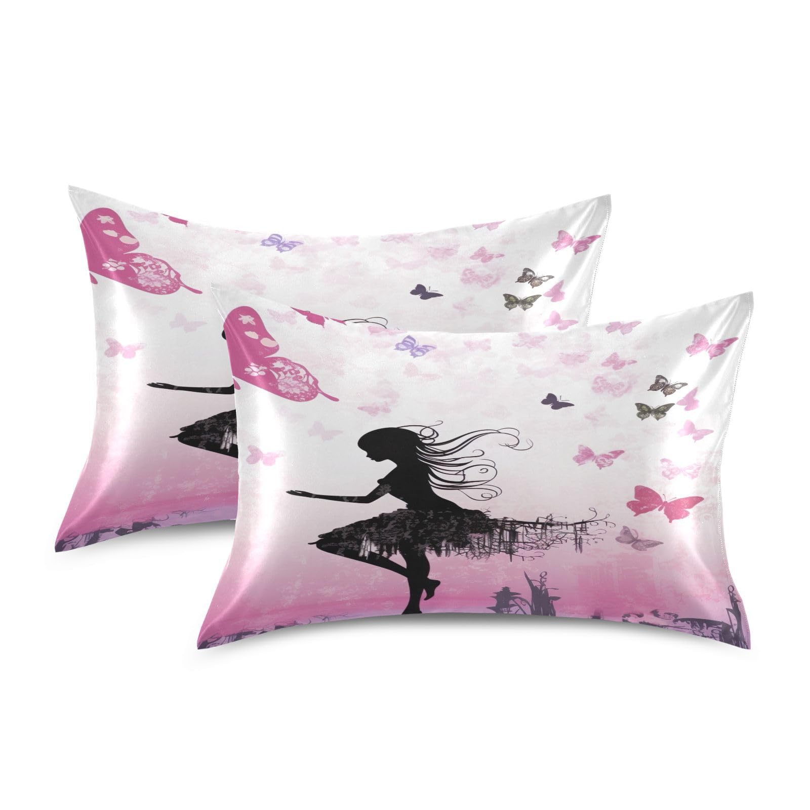 FLildon Satin Pillowcase Butterfly Girl Pillow Cases Soft Silky for Hair and Skin with Envelope Closure, Standard Size, 1 Pack