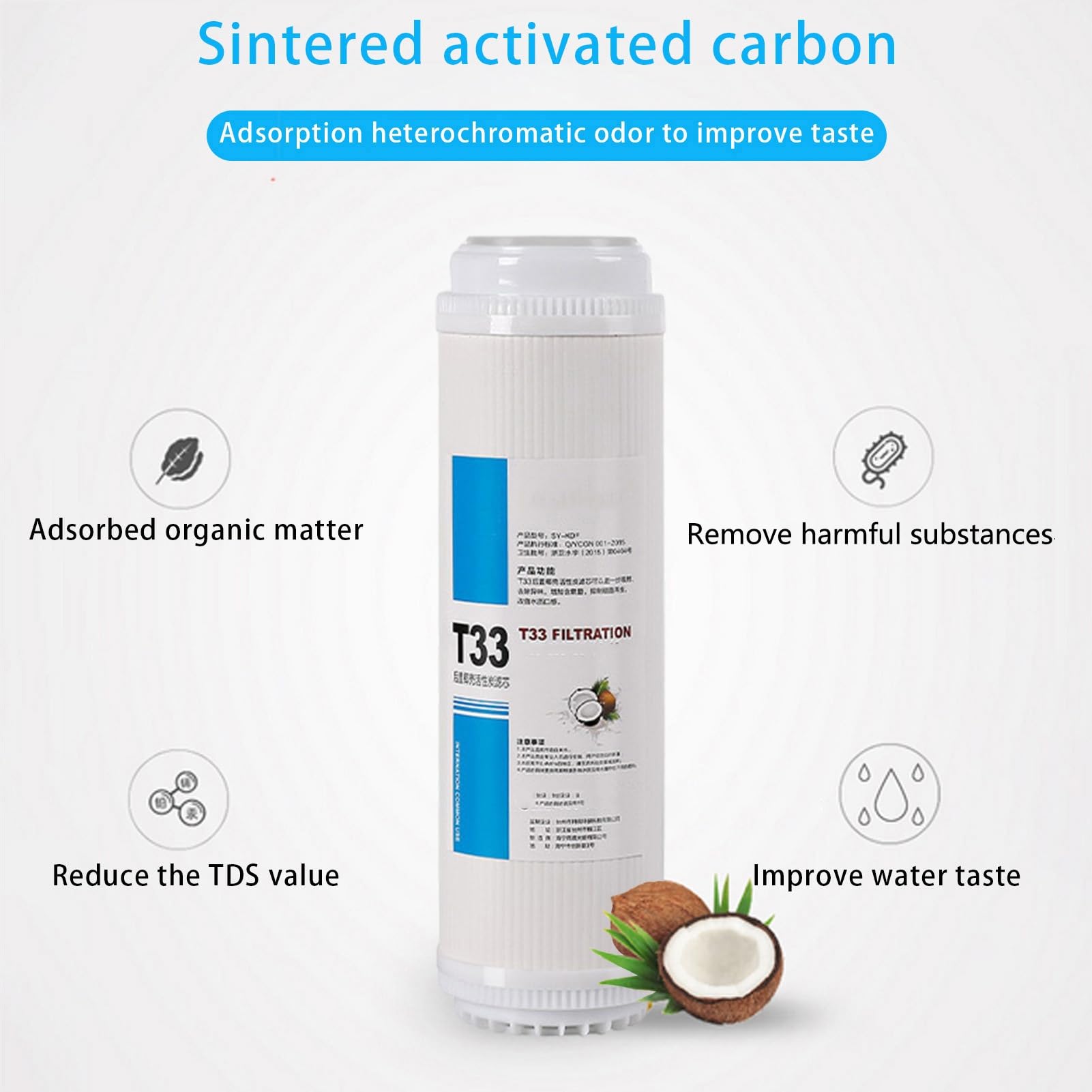 GAC - Cartuccia filtrante per acqua, carbone attivo con guscio di cocco ad alto valore di iodio, set universale T33 per sistema di osmosi inversa sotto il lavandino