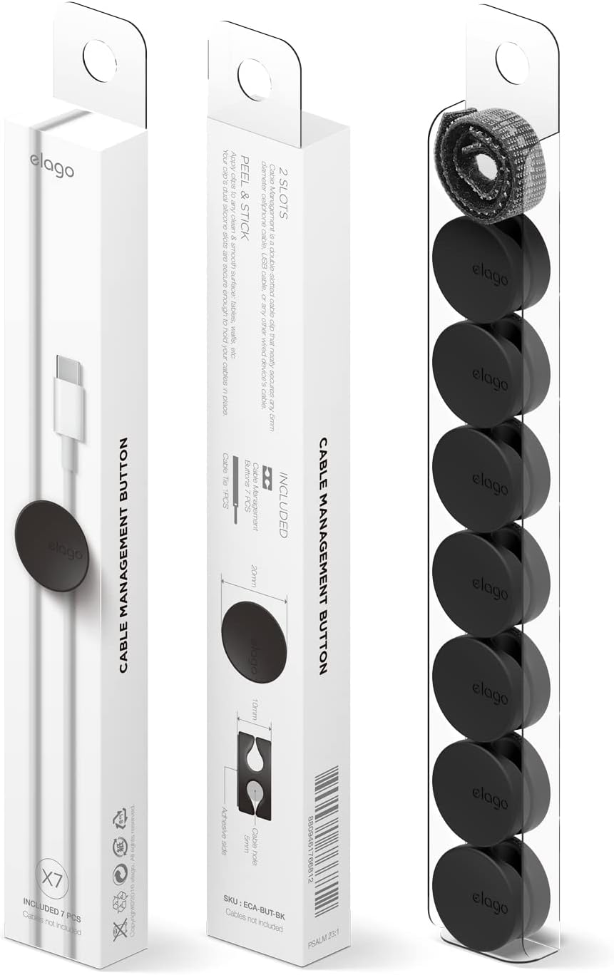 elago Cable Management Buttons - Desk Organizers, Desk Accessories, Cable Clips, Cord Organizer, Office, Home Office, 2 Cable Holding Slots, Flexible TPU, Cable Tie Included (7pcs) (White)
