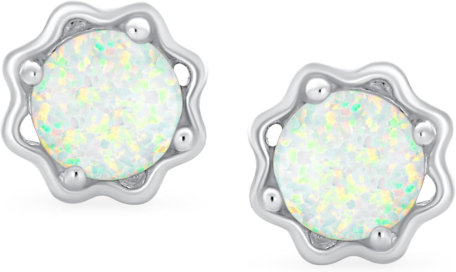 Gemstone Round 1.5 CTW Solitaire Created White Opal Stud Earrings For Women Flower Basket Setting .925 Sterling Silver October Birthstone