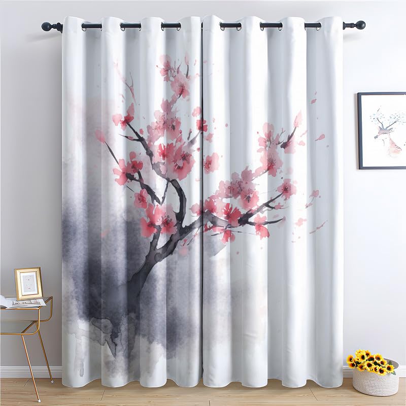 Kirschblüten Vorhänge Japan Style - Verdunkelungsvorhänge 2er Set 160x140cm