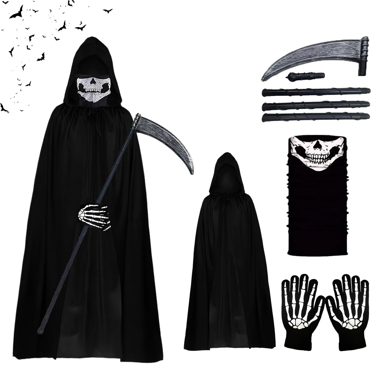 XILEPINGAN Disfraz de la Muerte, Disfraz de Halloween Parca con Capa, Máscara, Guantes y Hoz, Disfraz Parca Halloween Niños y Adultos, Disfraz Carnaval Muerte Temático
