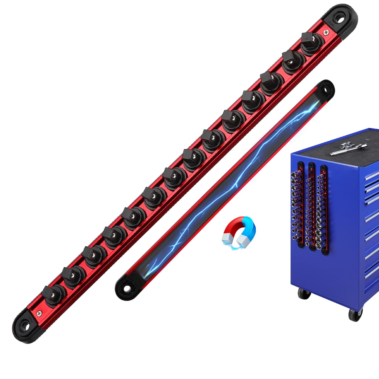 Photo 1 of 3/8-Inch Magnetic Socket Organizer Rail, Aluminum Alloy Socket Rail, Heavy Duty Sockets Holder with 14 Clips, 360° Swivel Clip Tool Tray, Sockets Organizer for Tool Box Drawer (Red)