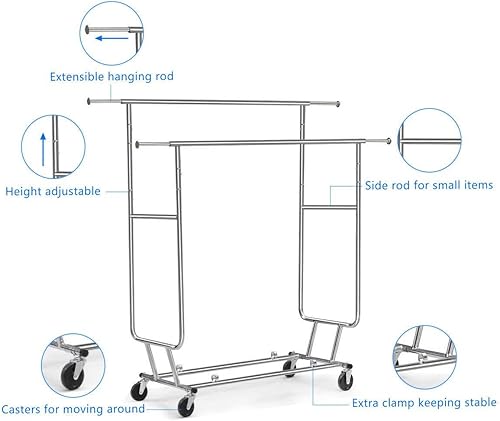 Miniatura 5 de King77777 - Perchero doble plegable para ropa, acabado cromado, organizador de almacenamiento, estable y de larga duración