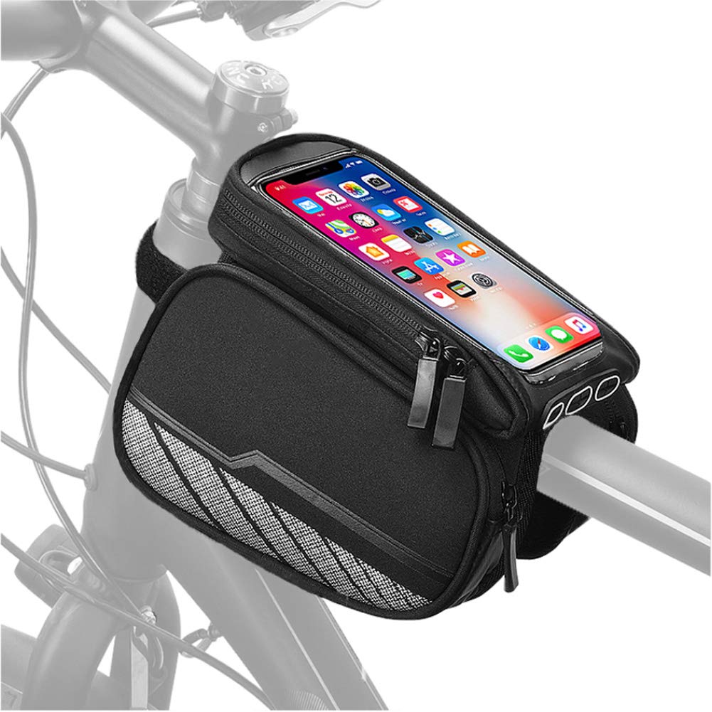 Bike Front Frame Phone Bag- Bicycle Top Tube Phone Pouch with Touch Screen, Cycling Accessories Cell Phone Saddle Pack Large Capacity Storage Polyester Phone Holder Bag for Mountain Road Bikes