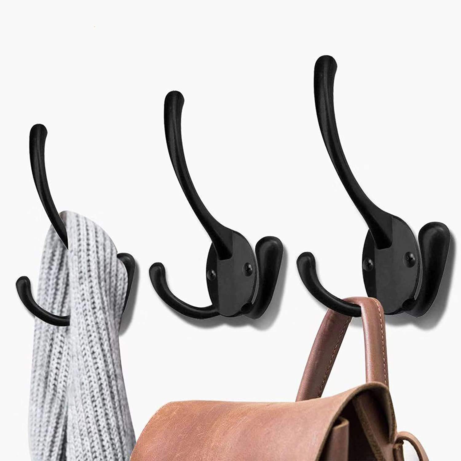 Coat Hooks Heavy Duty,10Pcs Three Prongs Hooks Black Coat Hook Wall Mounted,with 40 Screws(Two Types of Screws Included),for Hanging Coat,Hat,Towel,Scarf,Bag,Key