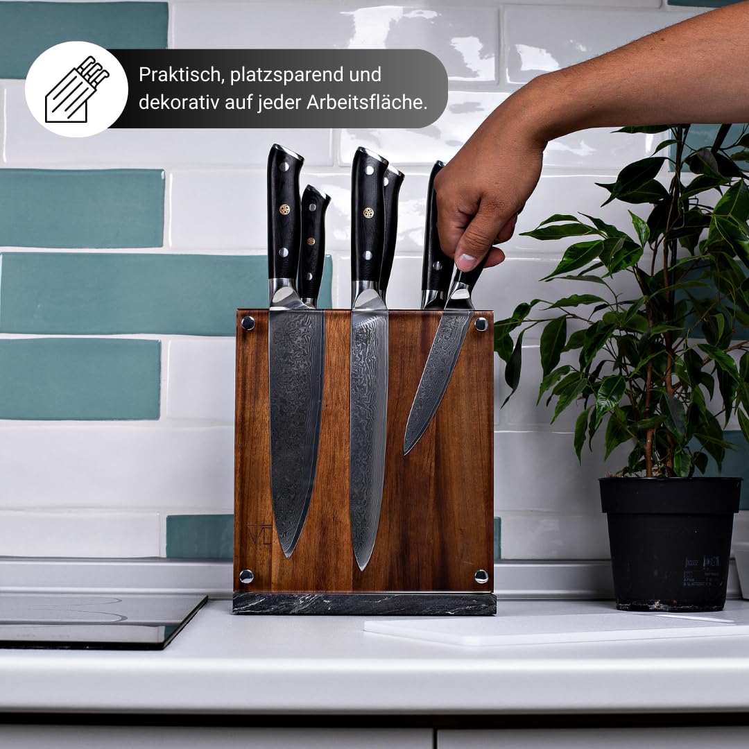 VDN Messerblock magnetisch - Messerblock ohne Messer [Doppelseitig, aus Akazienholz] - Messerhalter magnetisch [für 6-8 Messer] - Messerständer [mit Marmor-Fuß]