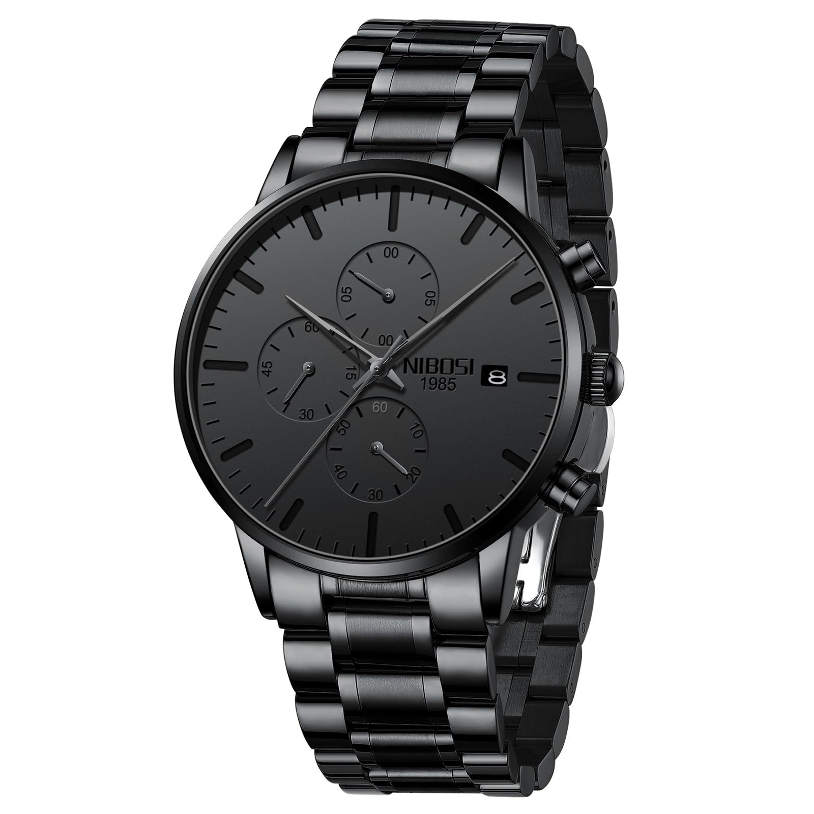 NIBOSI Men's Watches Analog Minimalist Black Dial Watch for Man Business Chronograph Casual Watches Stainless Steel Strap Date