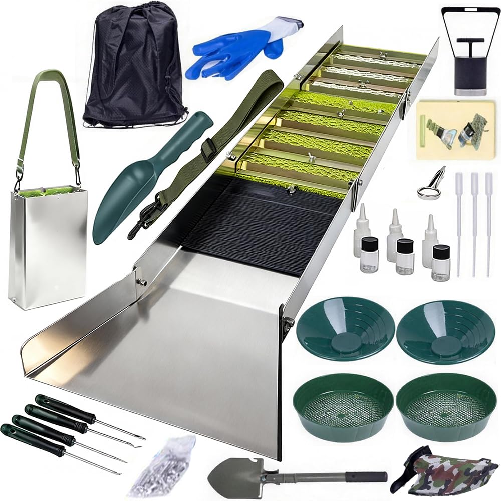 Juego Completo Lavar Oro,Planta Portátil Lavar Oro,Juego Completo Canaletas Lavar Oro Aleación Aluminio,27Piezas,con Diseño de Cuerda de Mano Caja Esclusa Plegable 50 Pulgadas,para Minería de Río