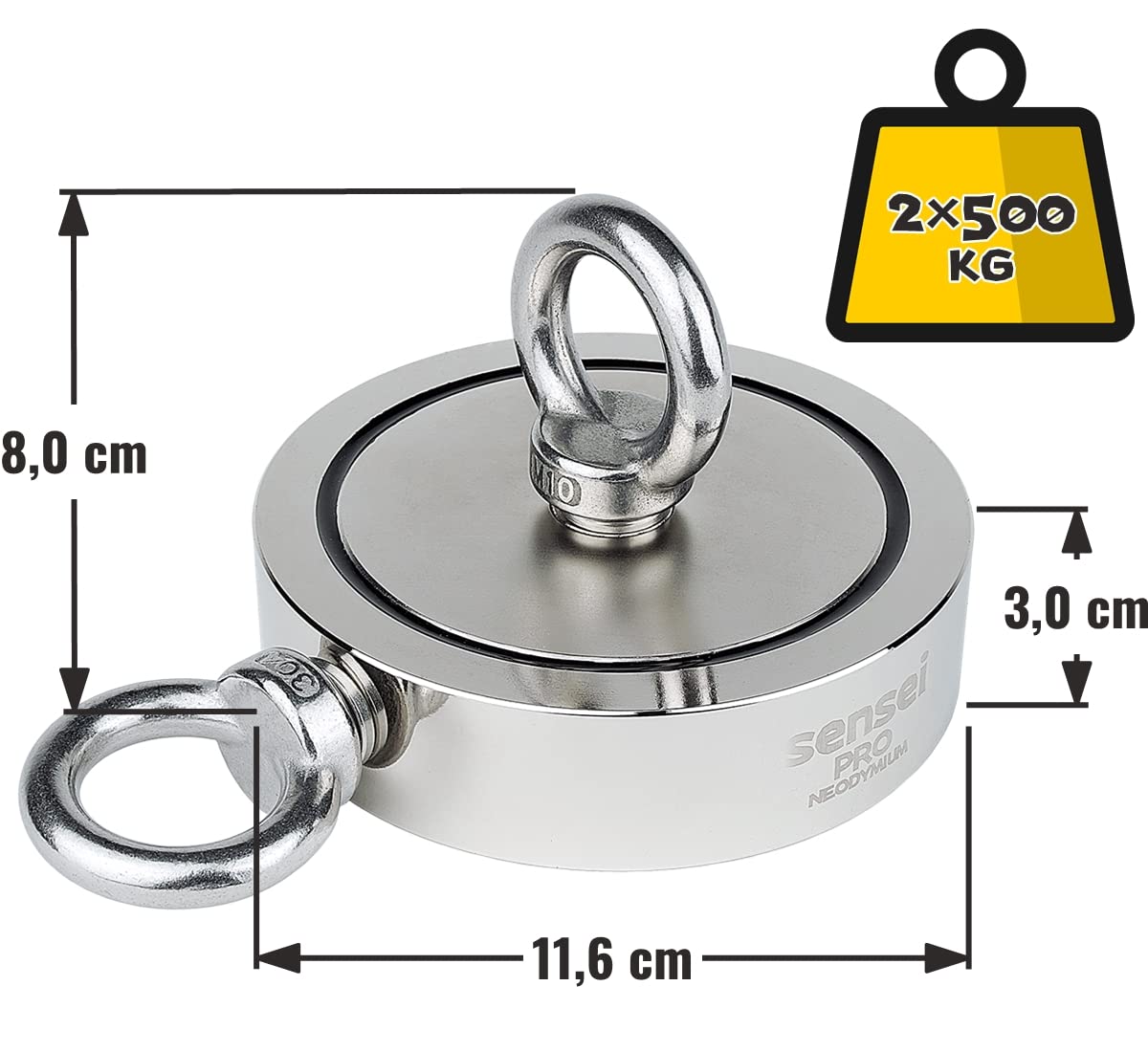 Sensei Kit 500 kg, Magnete a Doppia Faccia al Neodimio N52 con Due Occhielli, Ø11,6 x H3 cm, Corda da Pesca 25 m, Guanti Protettivi + Accessori, Kit di Magneti per la Ricerca e la Pesca
