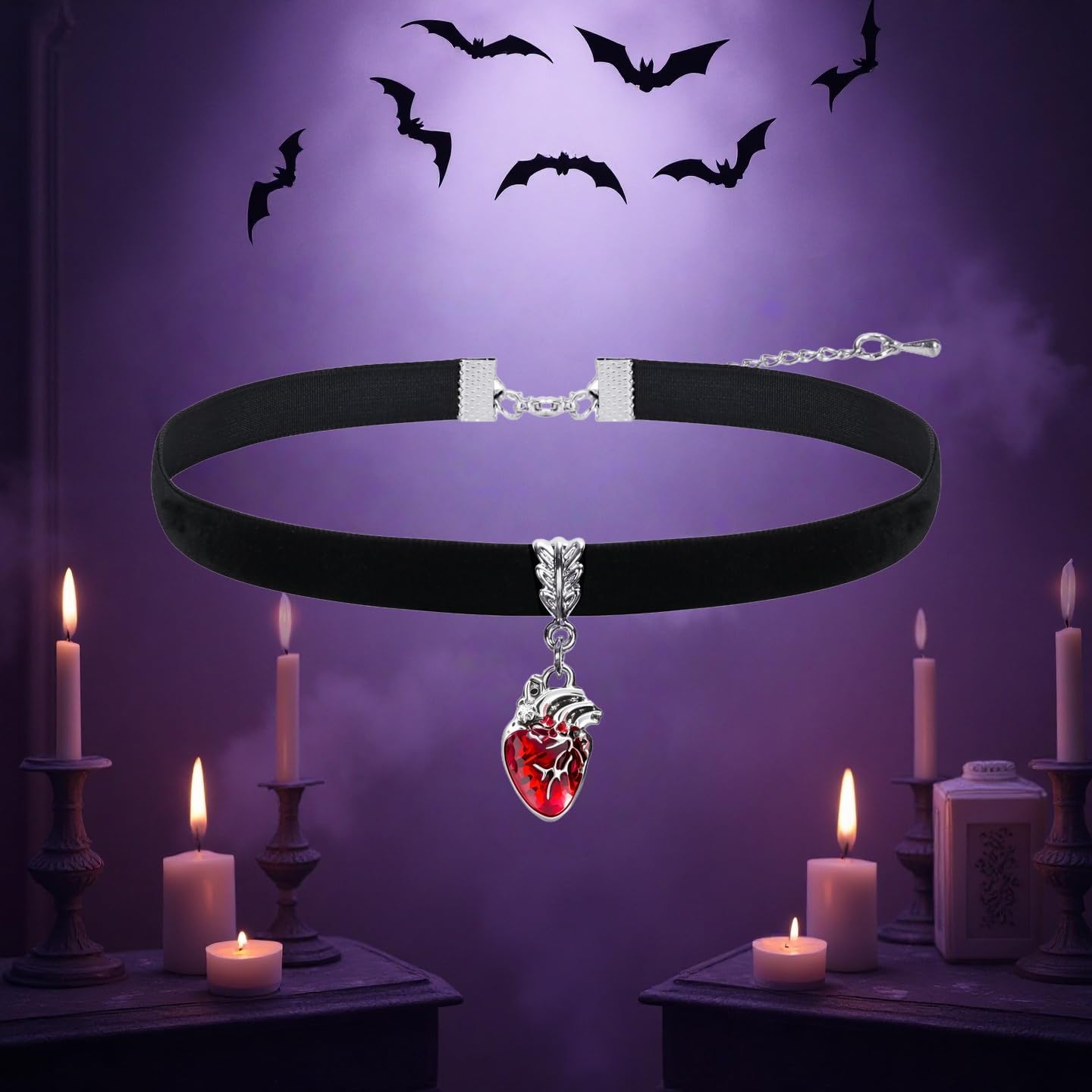Gothic Heart Pendant Necklace for Women Vintage Black Velvet Choker Necklace Punk Style Red Crystal Cameo Necklace Halloween Dark Witch Jewelry Accessories - Image 3