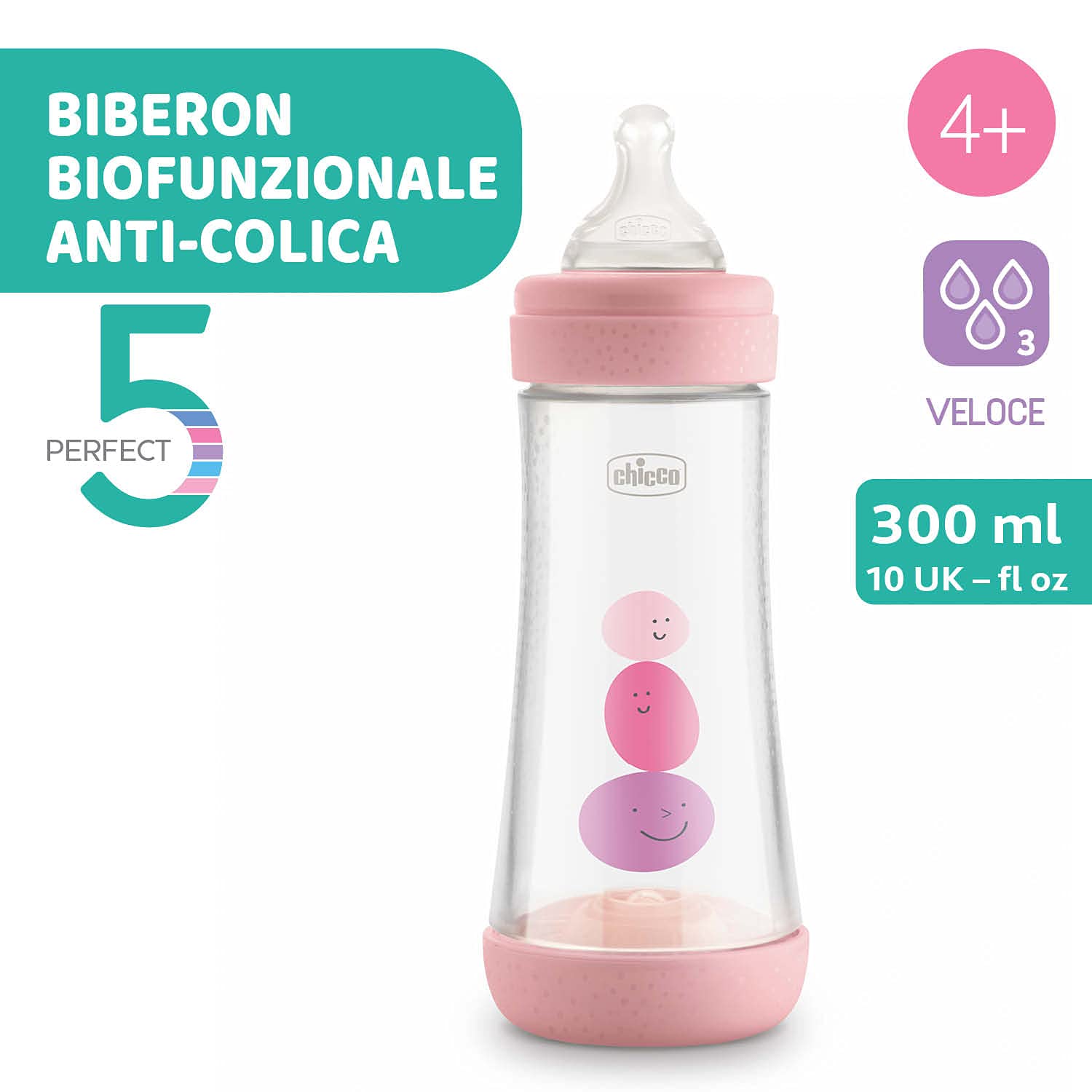 Chicco Perfect 5 Biberon Anticolica, Bimba, 300 ml, Silicone, 3 Fori, Rosa