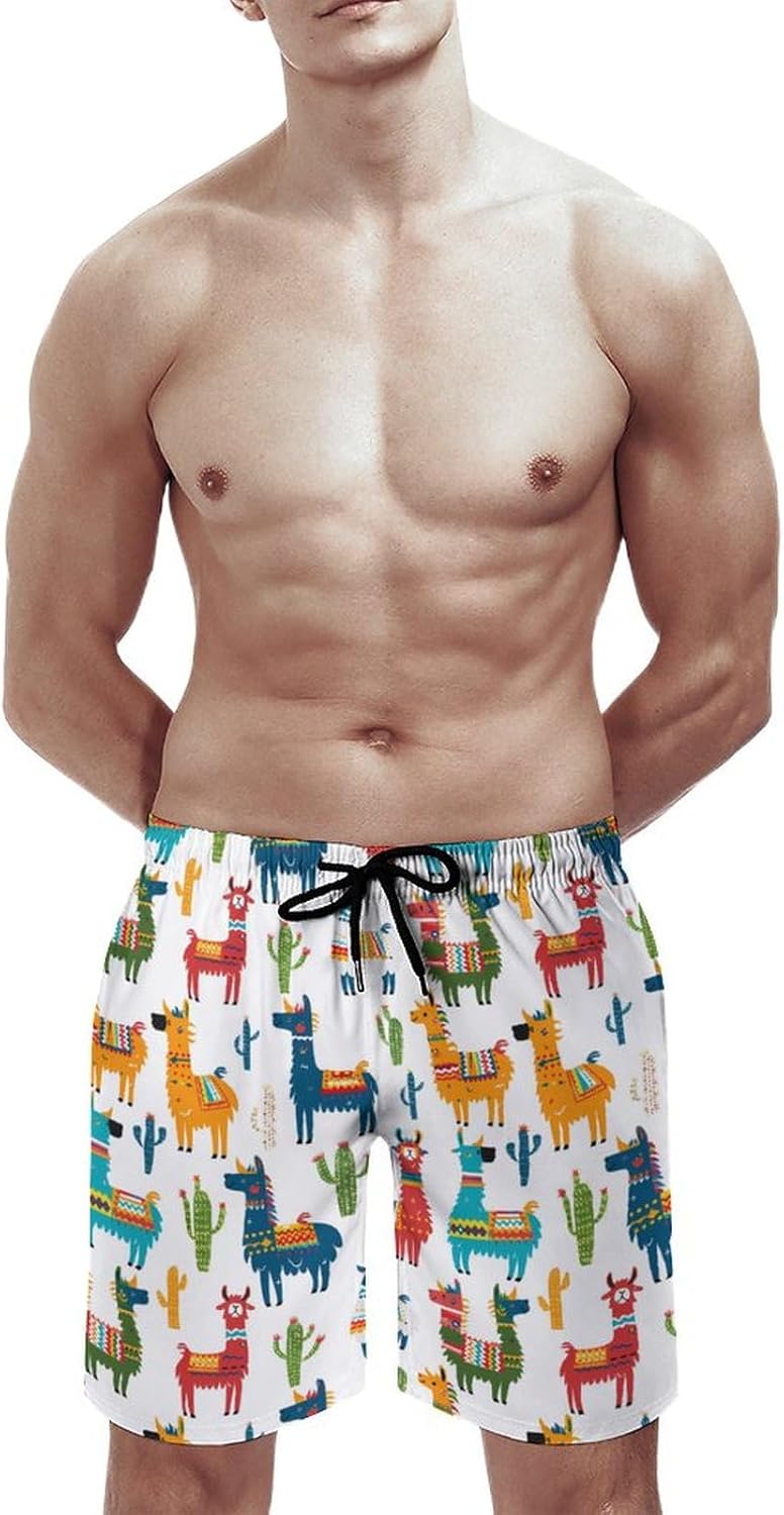 Llama Cactus Casual Men's Swim Trunks Novelty Summer Beach Shorts Swimwear with Pocket