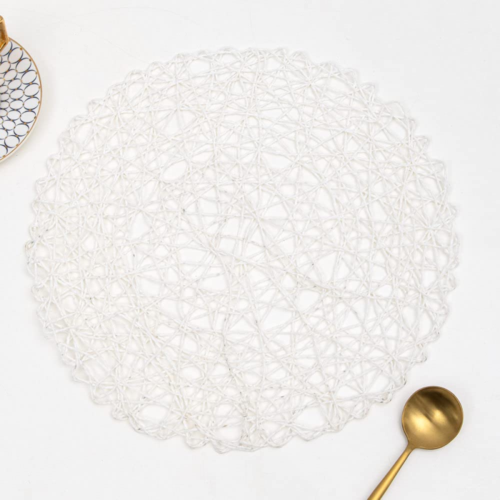 qbodp Hand Made Paper Rope Woven Placemats Set of 4, Round Non Slip Dinner Mats, White