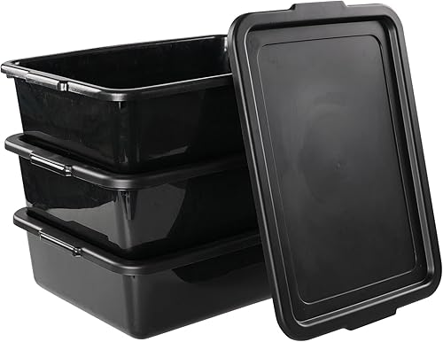 Miniatura 6 de Tina de autobús de plástico negro de 13 L con tapa, paquete de 3 bandejas de autobús