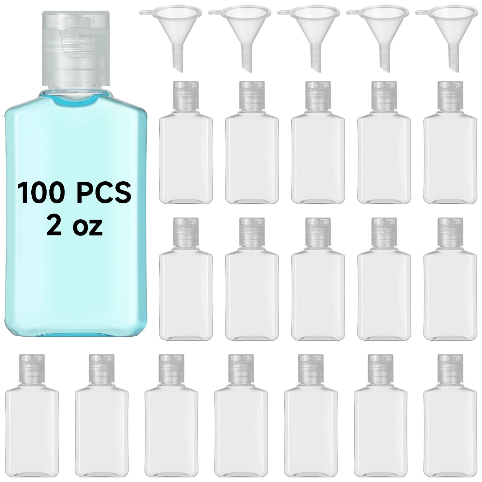100 sztuk butelek podróżnych 56 ml z klapką, małe pojemniki do wyciskania, przezroczyste butelki kosmetyczne z 5 lejkami do żelu pod prysznic, balsamu i kremu do twarzy