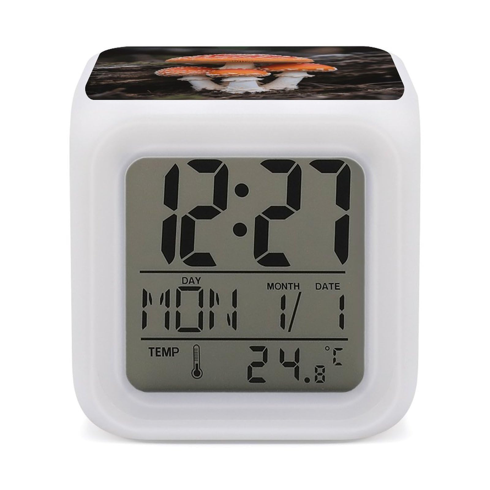 7 Color Ambient Night Light Cube Battery Operated Amanita Caesarea Digital Clock with Snooze Temperature LED Digital Alarm Clocks Dimmable Wake Up Light Portable Mood Lamp for Bedroom Desk Gift