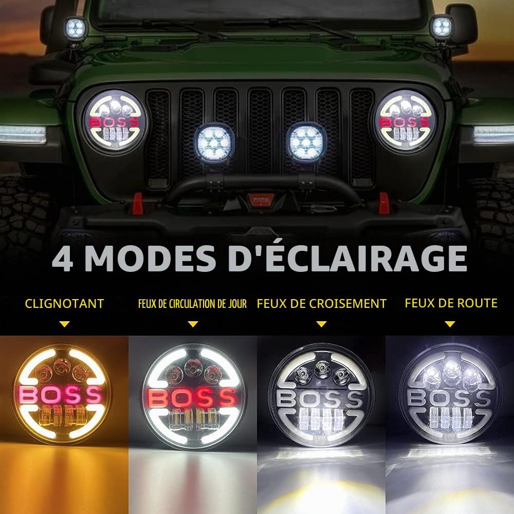 Lot de 2 7 Pouces LED Phare, 150W 10000LM 4 Modes Eclairages Halo DRL ámbar feu de virage Vitesse de la lumière haute et basse H6024 pour Wrangler LJ TJ CJ JK Hummer H1 H2 Land Rover Defender